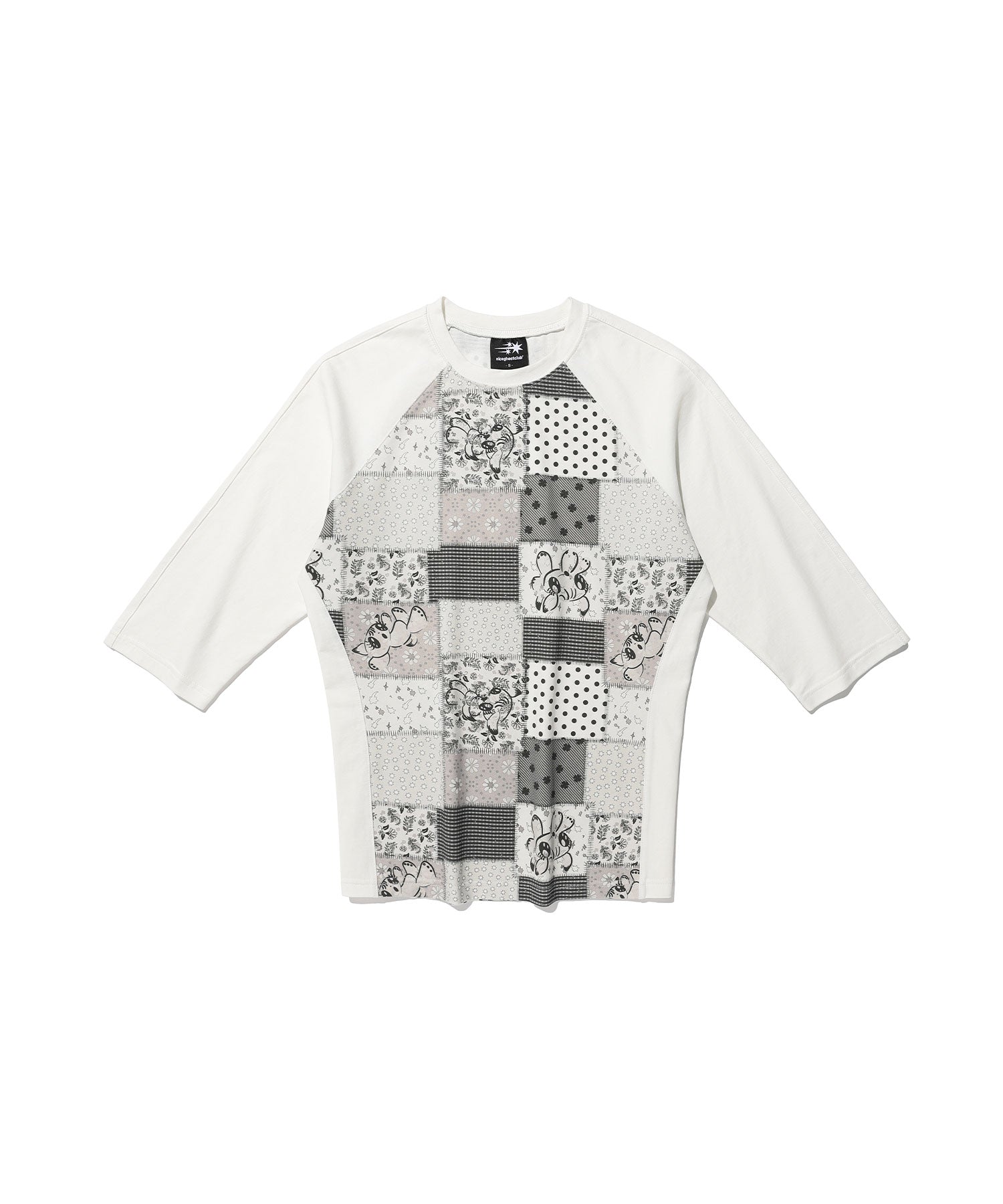 Nice Ghost Club Patchwork Quilted Printed 3/4 Sleeve Tee