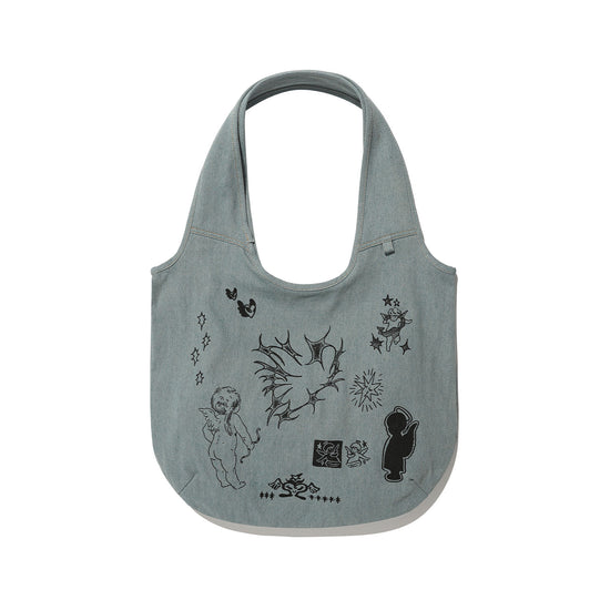 Nice Ghost Club Denim Doodle Shoulder Tote Bag