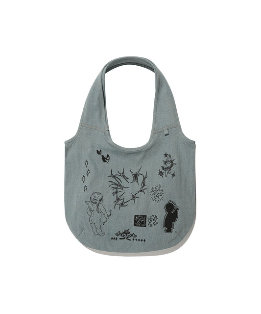 Nice Ghost Club Denim Doodle Shoulder Tote Bag