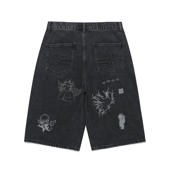 Nice Ghost Club Big Wide Bermuda Doodle Denim Pants