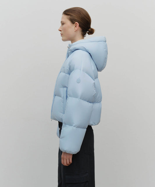 Marithé François Girbaud Women's Regular Logo Hooded Crop Down Jacket Light Blue