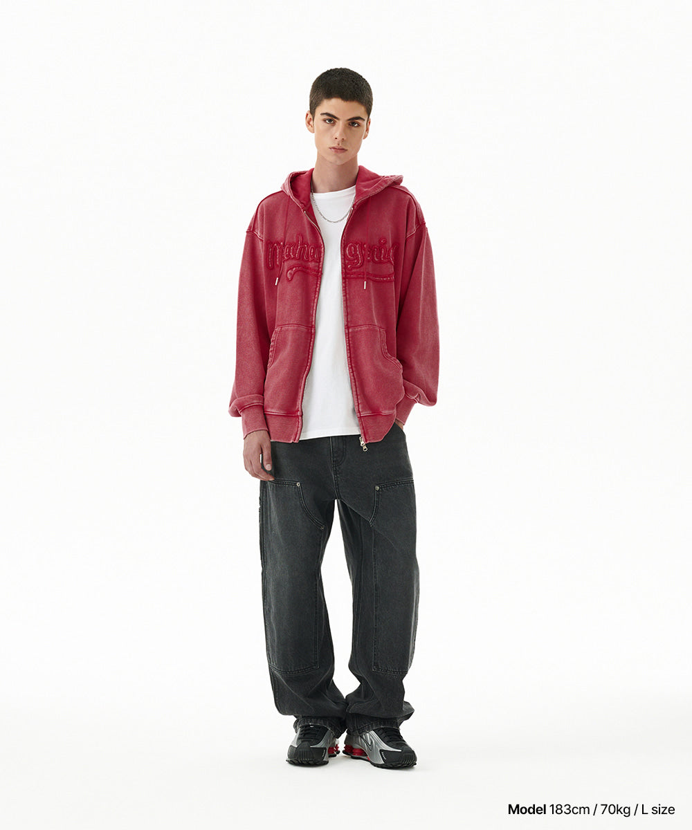 Mahagrid Washed Cut Off Applique Hood Zip Up