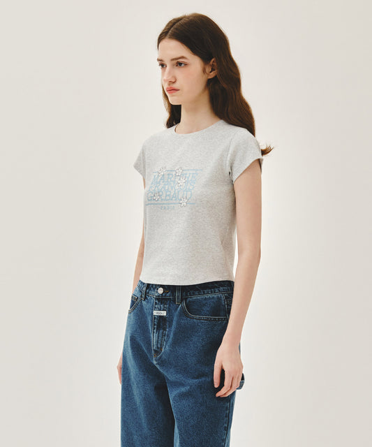 Marithé François Girbaud [6/19 예약발송] W FLOWER CLASSIC LOGO CAP SLEEVE SLIM CROP TEE light heather gray