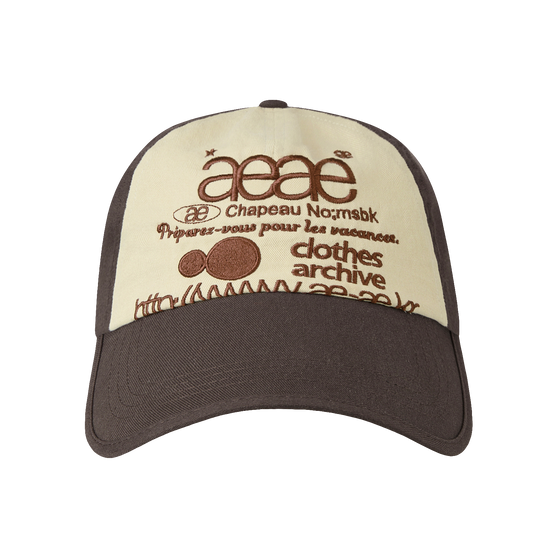 AEAE Web Logo 5 Panel Ball Cap in Brown and Ivory