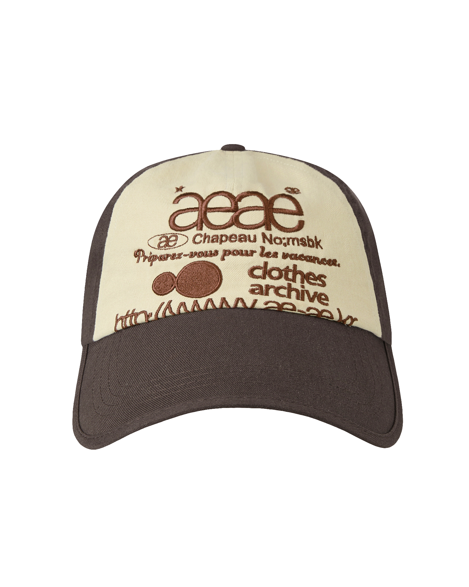 AEAE Web Logo 5 Panel Ball Cap in Brown and Ivory