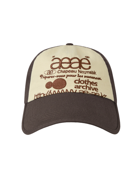 AEAE Web Logo 5 Panel Ball Cap in Brown and Ivory