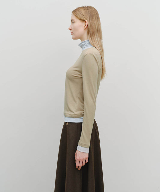 Marithé François Girbaud Women's Layered Turtle Neck Long Sleeve Light Brown