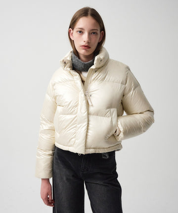 Marithé François Girbaud Women's Glossy Duck Down Crop Puffer in Ivory