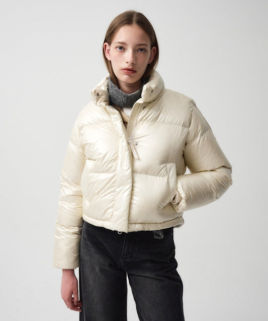 Marithé François Girbaud Women's Glossy Duck Down Crop Puffer in Ivory