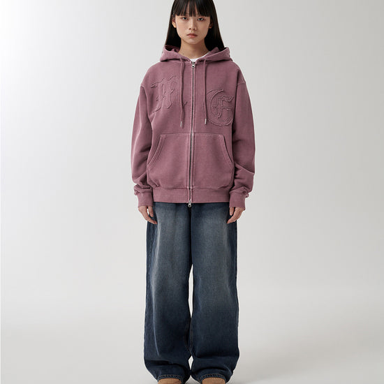 Mahagrid Big Gothic Cut Off Pigment Zip-Up Hoodie in Burgundy