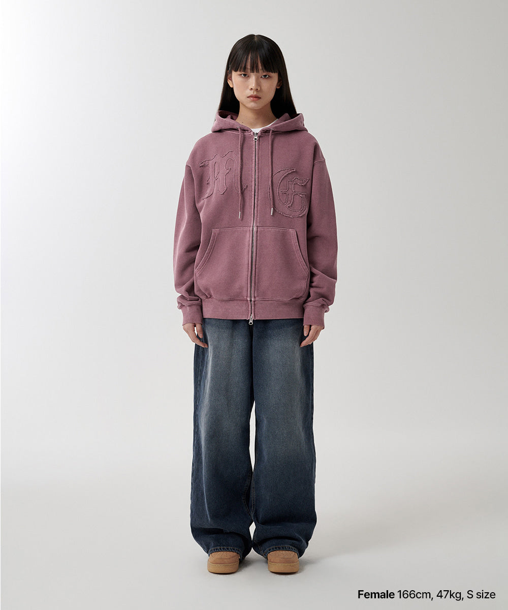 Mahagrid Big Gothic Cut Off Pigment Zip-Up Hoodie in Burgundy