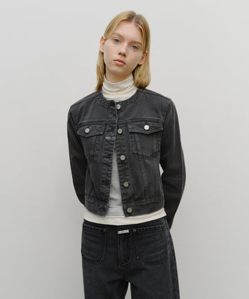 Marithé François Girbaud Women's Collarless Denim Jacket Dark Gray