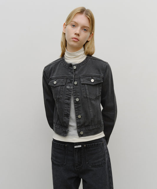 Marithé François Girbaud Women's Collarless Denim Jacket Dark Gray