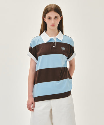 Marithé François Girbaud SMALL CLASSIC LOGO RUGBY STRIPE OVERSIZED COLLAR TEE sky blue