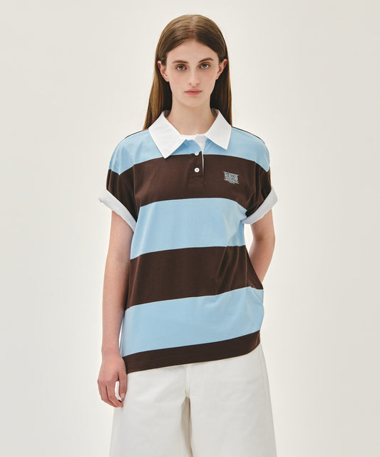 Marithé François Girbaud SMALL CLASSIC LOGO RUGBY STRIPE OVERSIZED COLLAR TEE sky blue