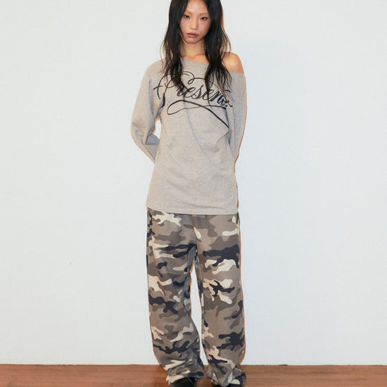 Mahagrid Present One Shoulder Long Sleeve Tee Grey