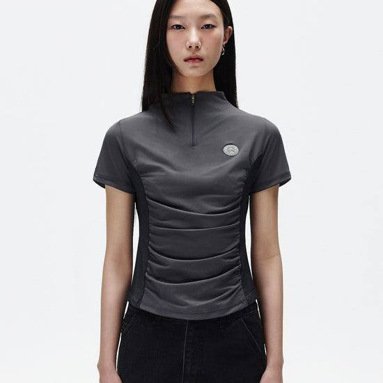 Mahagrid Shirring Half Zip-Up Jersey Tee