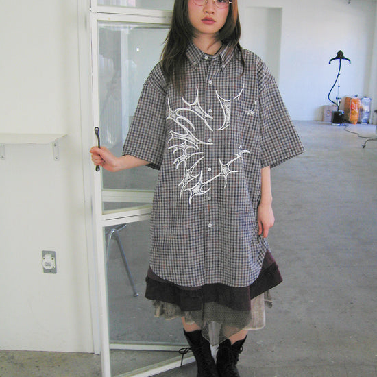 Nice Ghost Club Tornado Star Check Big Big Half Shirt [Grey]