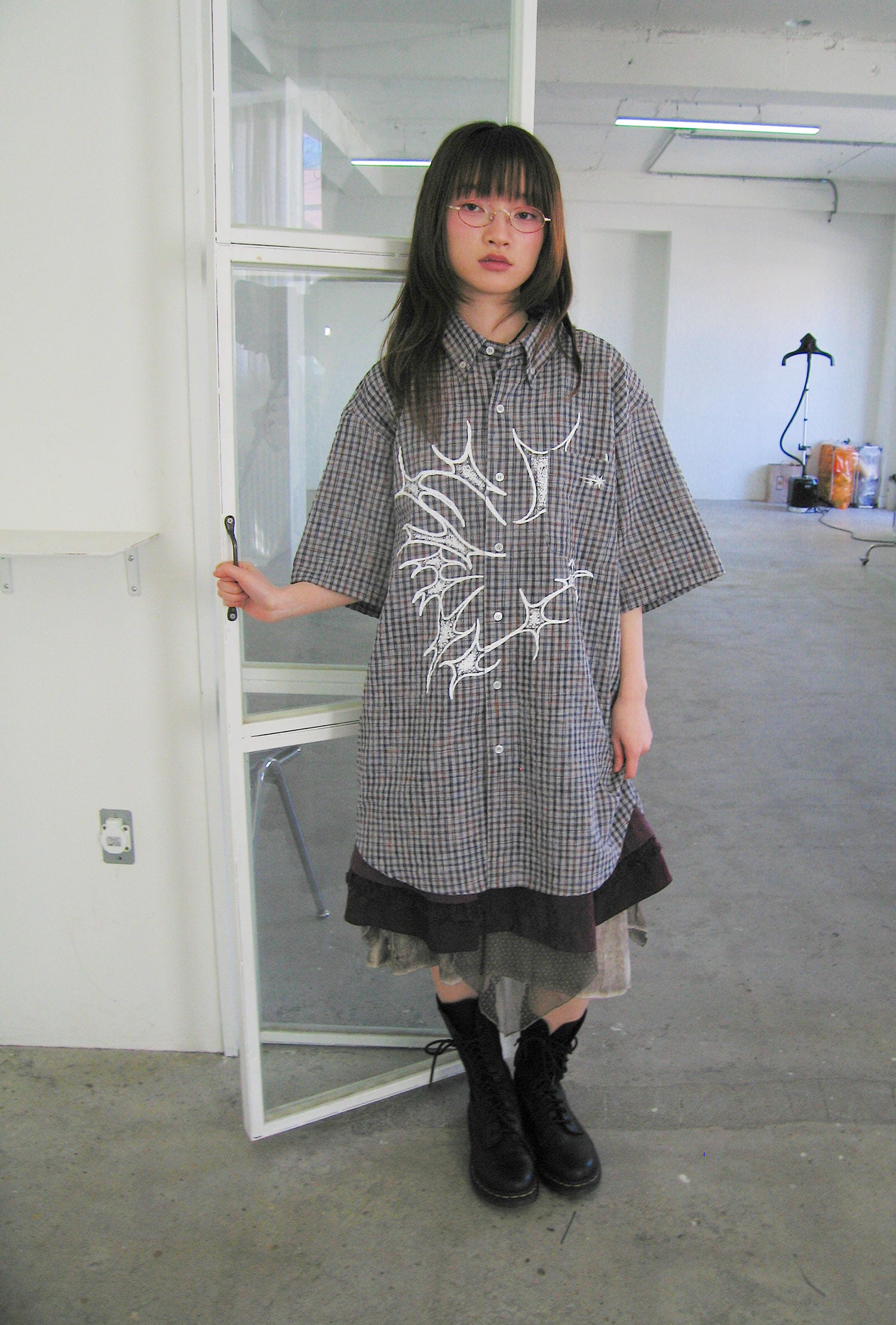 Nice Ghost Club Tornado Star Check Big Big Half Shirt [Grey]