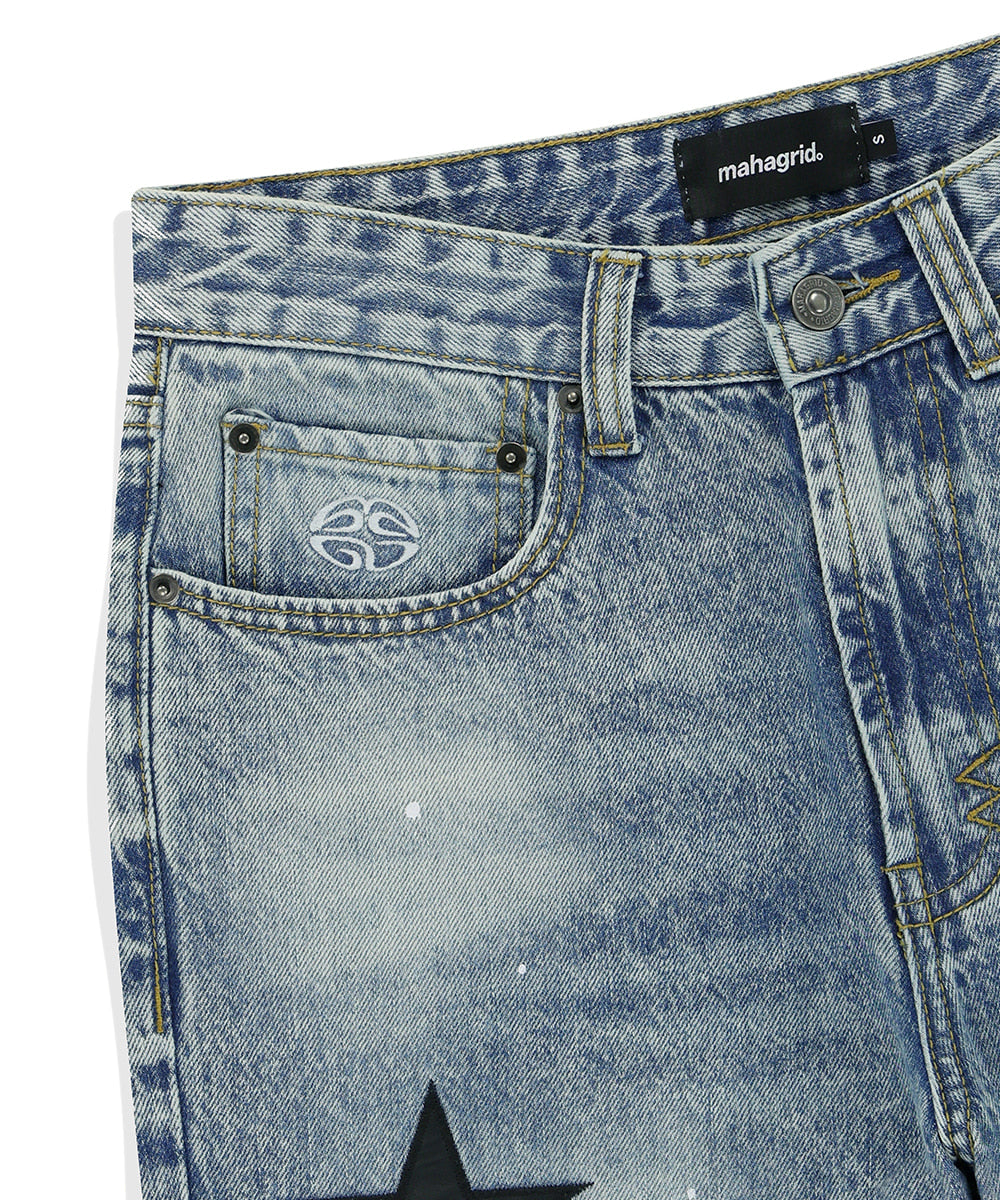 Mahagrid Star Flared Denim Pant Light Blue