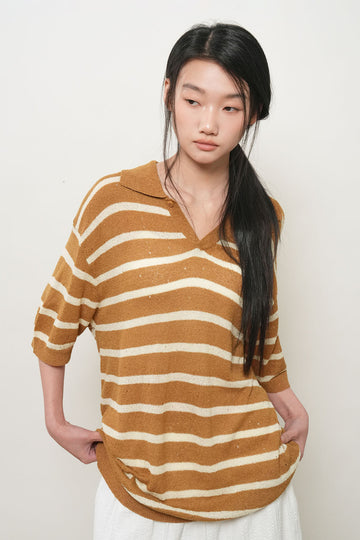 General Idea UNISEX One-Button Collar Stripe Half Knit