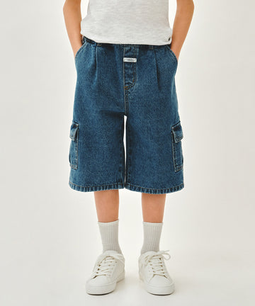 Marithé François Girbaud Kids One Tuck Cargo Denim Shorts Blue