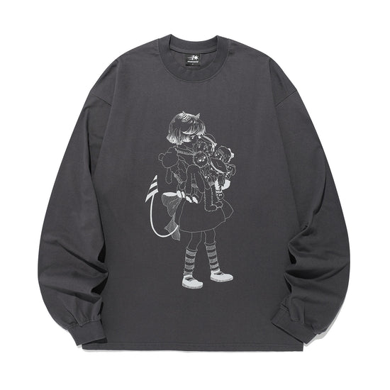 Nice Ghost Club Little Devil Girl Drawing Big Big Long Sleeve Tee [Charcoal]