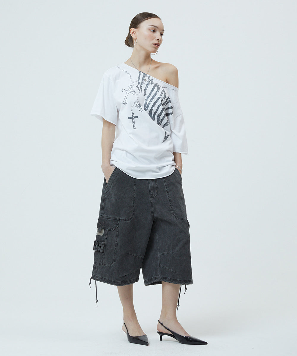 Mahagrid Pigment Groovy One Shoulder Tee in Charcoal