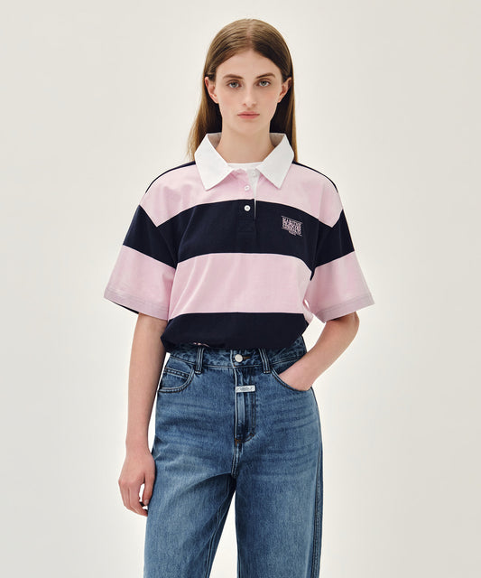 Marithé François Girbaud [S사이즈 7/10 예약발송] SMALL CLASSIC LOGO RUGBY STRIPE OVERSIZED COLLAR TEE pink