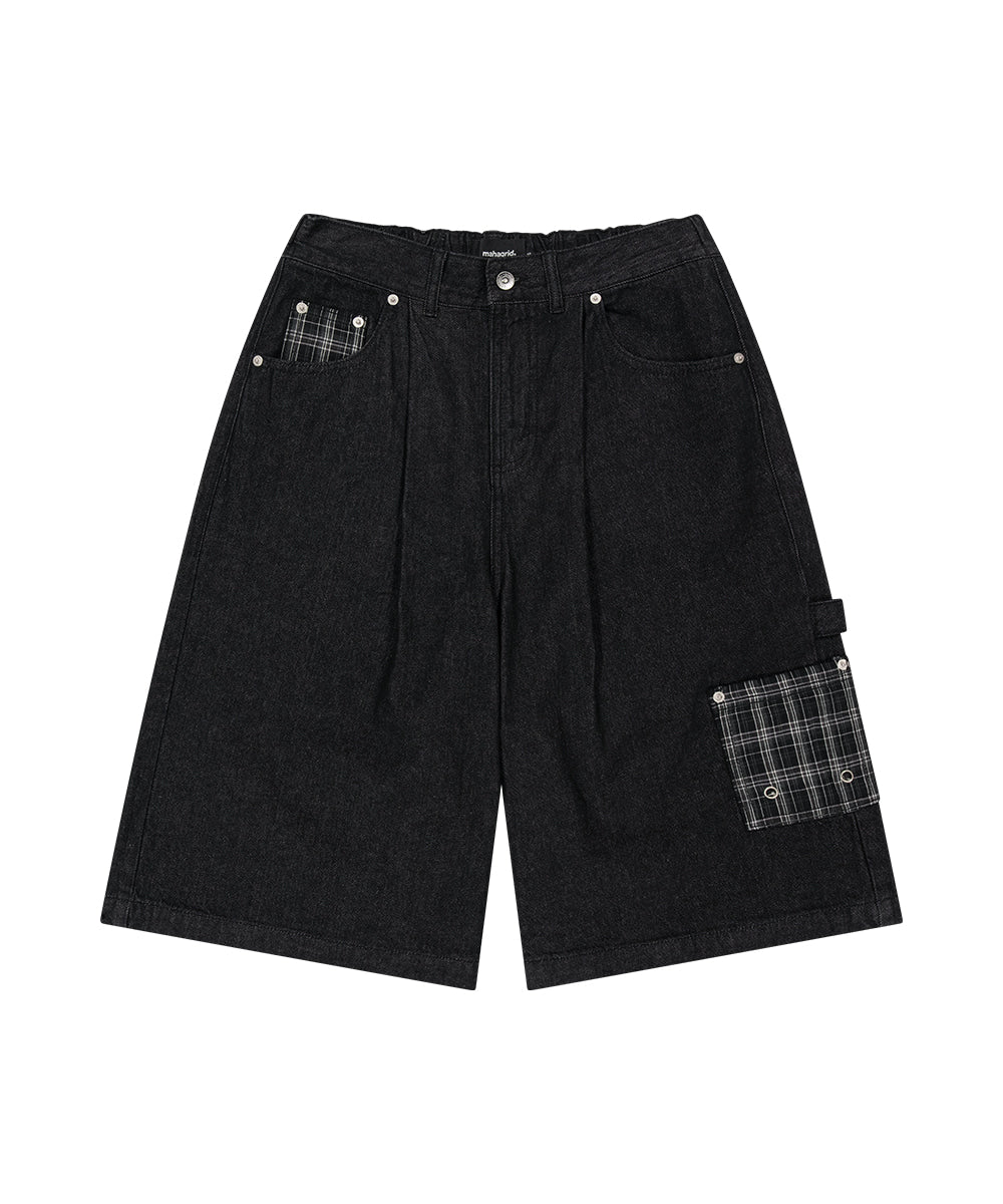 Mahagrid Bermuda Check Pocket Denim Shorts [Black]