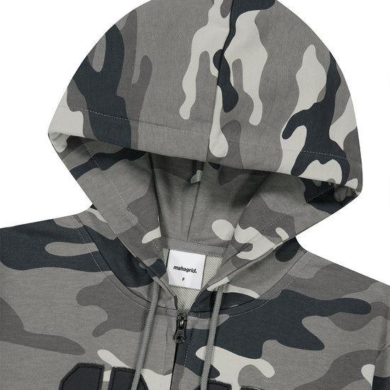 Mahagrid Camo Applique Crop Zip Up Hoodie