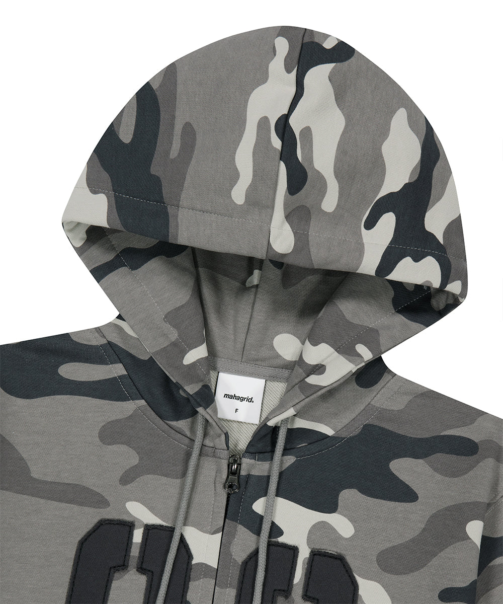 Mahagrid Camo Applique Crop Zip Up Hoodie