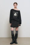 General Idea WOMAN Boatneck Loose Fit Graphic Long Sleeve T-Shirt [BLACK]