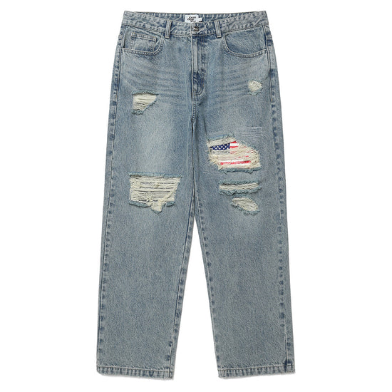Cavish Distressed Flag Denim Pants [Blue]