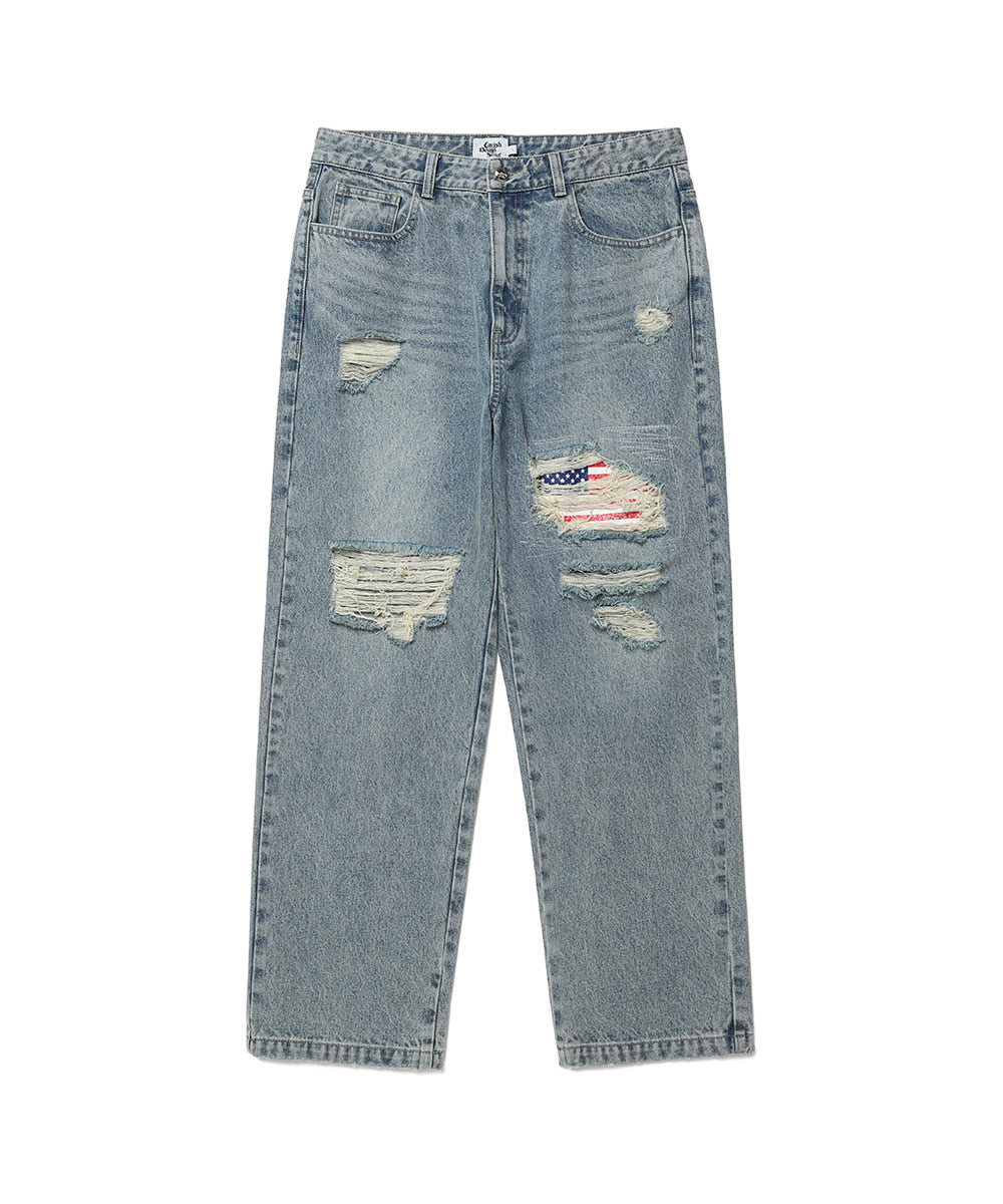 Cavish Distressed Flag Denim Pants [Blue]