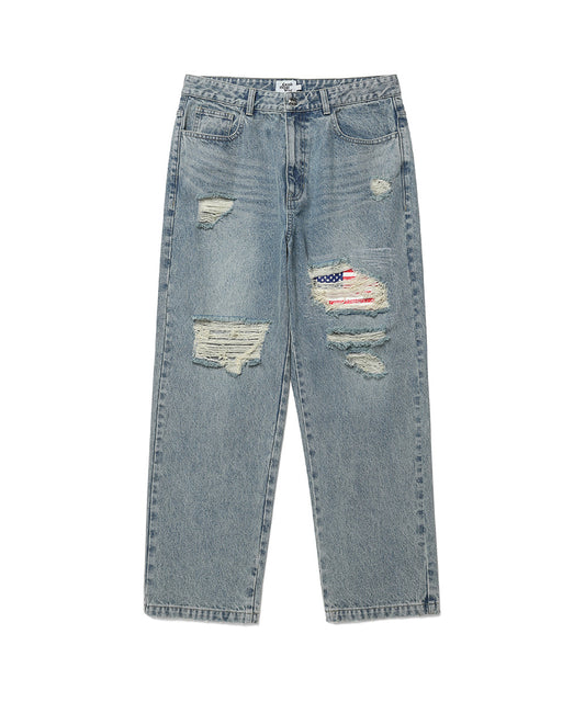 Cavish Distressed Flag Denim Pants [Blue]