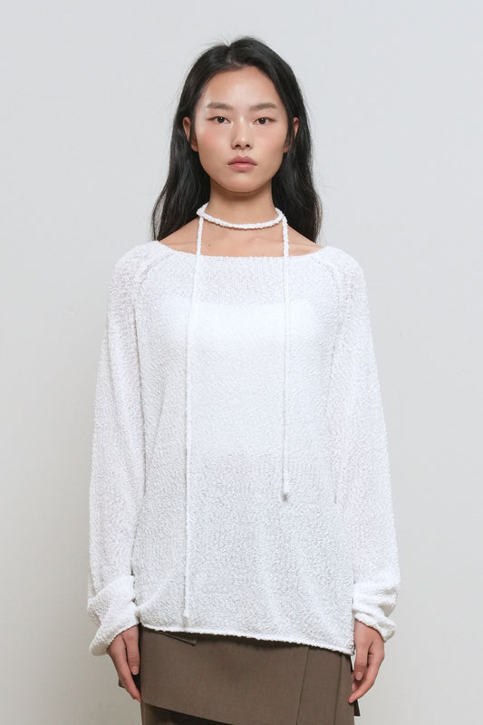 General Idea WOMAN Sheer Boucle Boat Neck Pullover [WHITE]