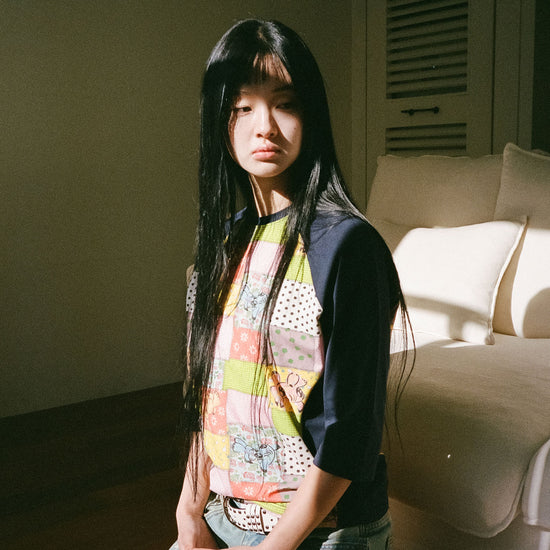 Nice Ghost Club Patchwork Quilted Printed 3/4 Sleeve Tee