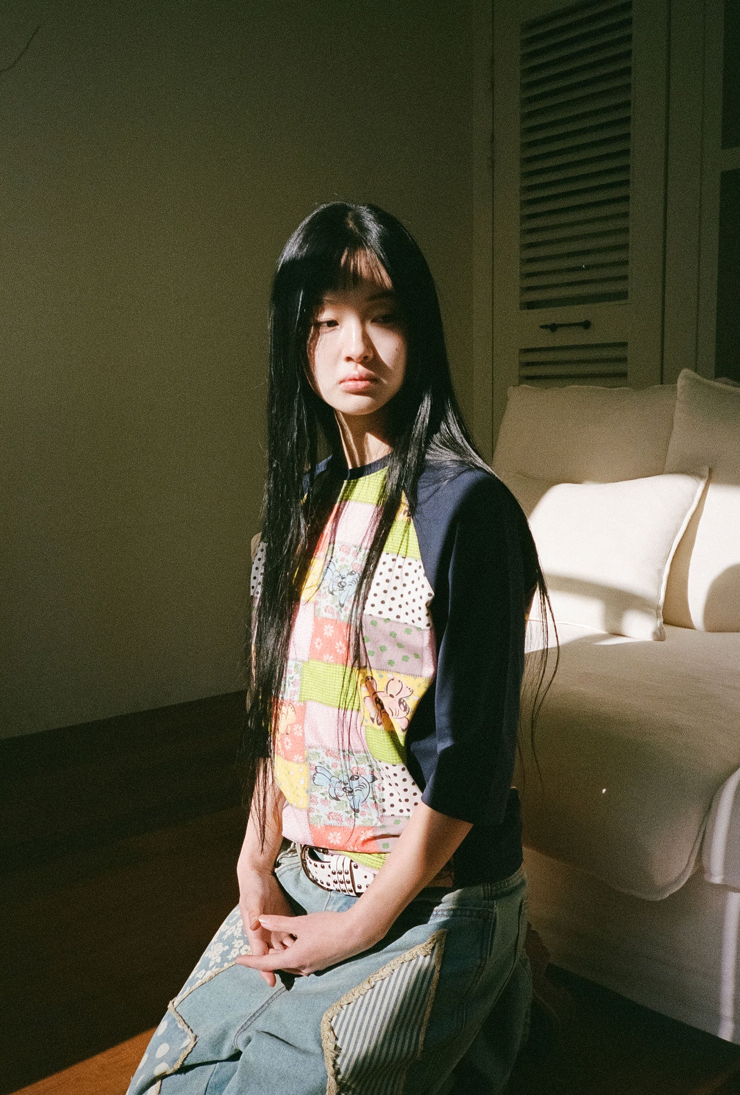 Nice Ghost Club Patchwork Quilted Printed 3/4 Sleeve Tee