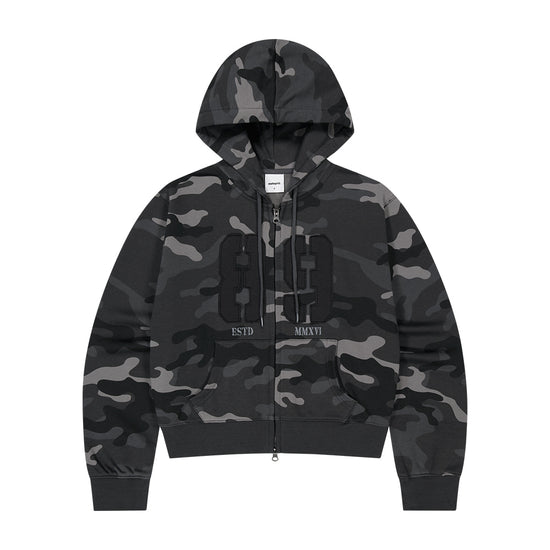 Mahagrid Camo Applique Crop Zip Up Hoodie