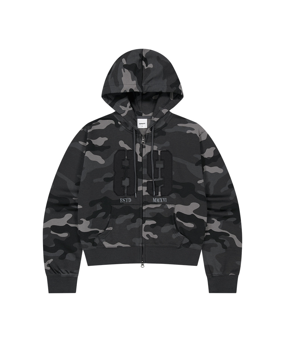 Mahagrid Camo Applique Crop Zip Up Hoodie