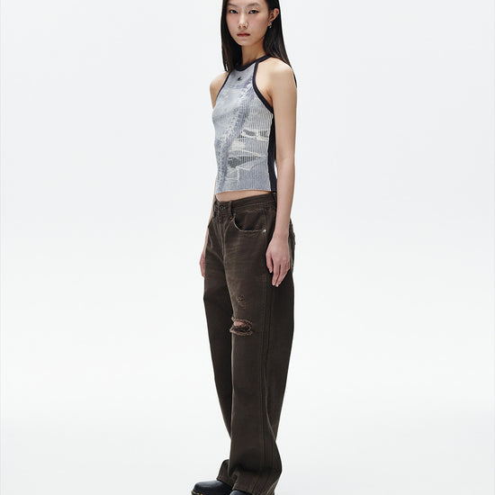 Mahagrid Denim Printed Halter Knit