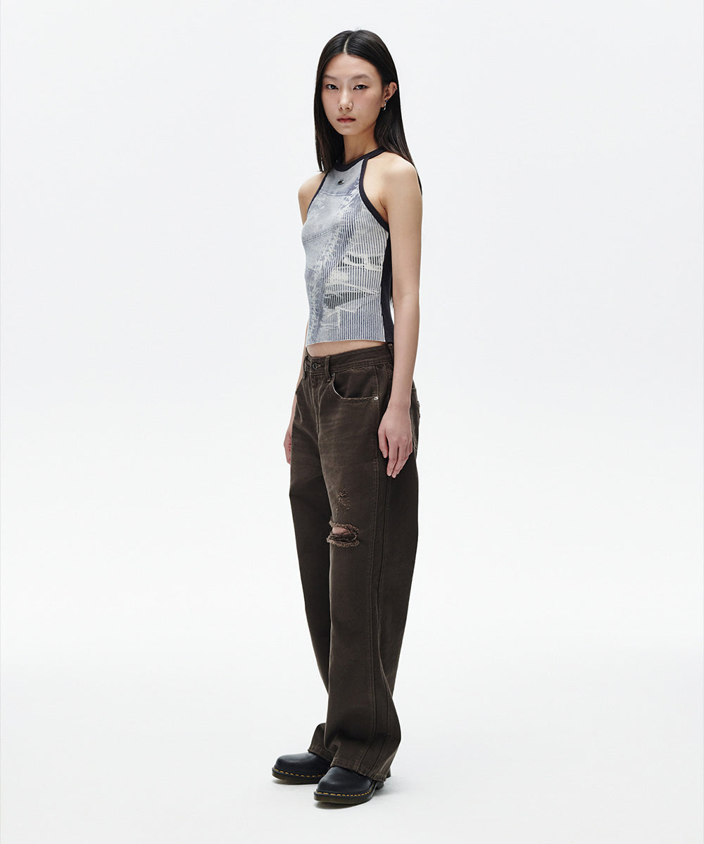 Mahagrid Denim Printed Halter Knit