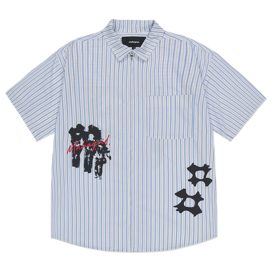 Mahagrid Disorder Stripe Zip Up Short Sleeve Shirt [White/Blue]