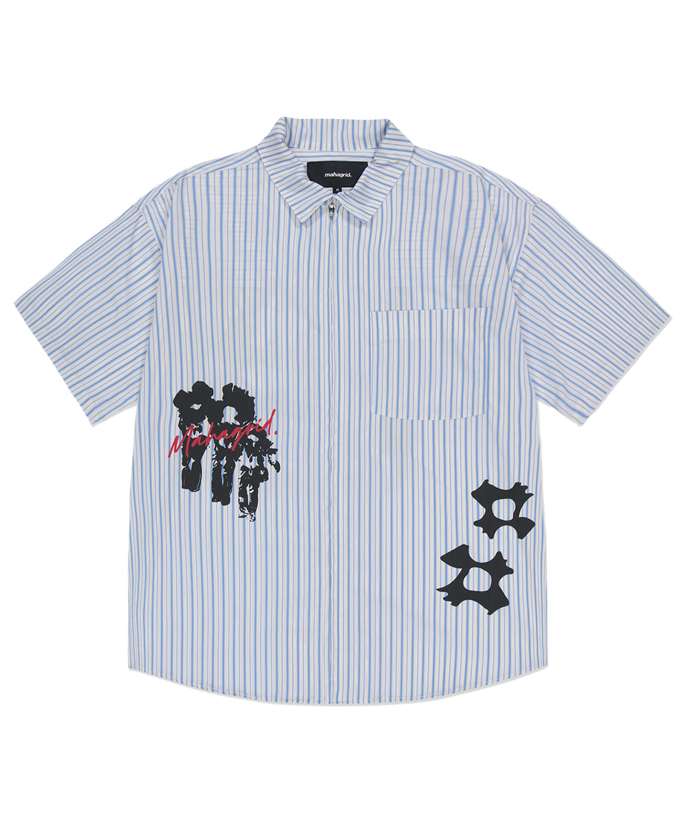 Mahagrid Disorder Stripe Zip Up Short Sleeve Shirt [White/Blue]