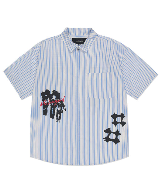 Mahagrid Disorder Stripe Zip Up Short Sleeve Shirt [White/Blue]