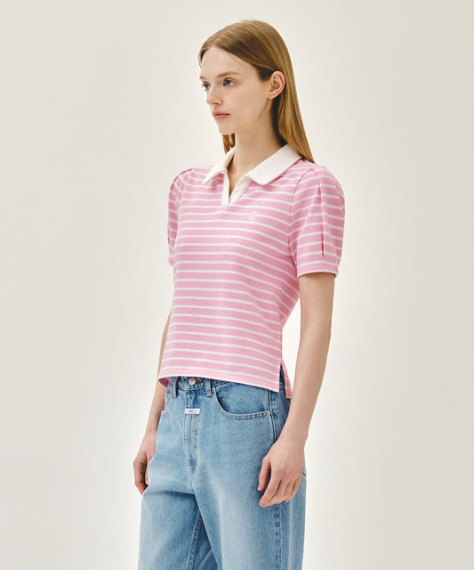 Marithé François Girbaud W COLLAR STRIPE HALF SLEEVE CROP SWEATSHIRT pink