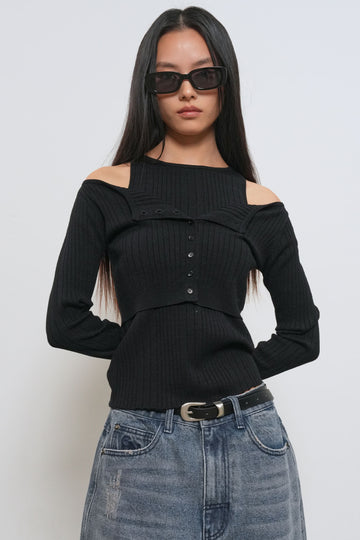 General Idea WOMAN Boatneck Cardigan Sleeveless Set [BLACK]