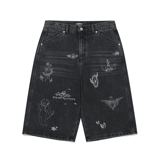 Nice Ghost Club Big Wide Bermuda Doodle Denim Pants