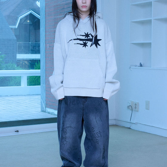 Nice Ghost Club 3 Stars Logo Knit Hoodie [Ivory]